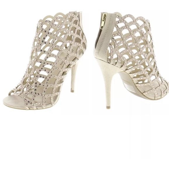 beige rhinestone heels
